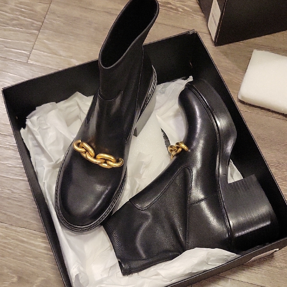 Coach New Black Leather Ankle Boots with Gold Chain